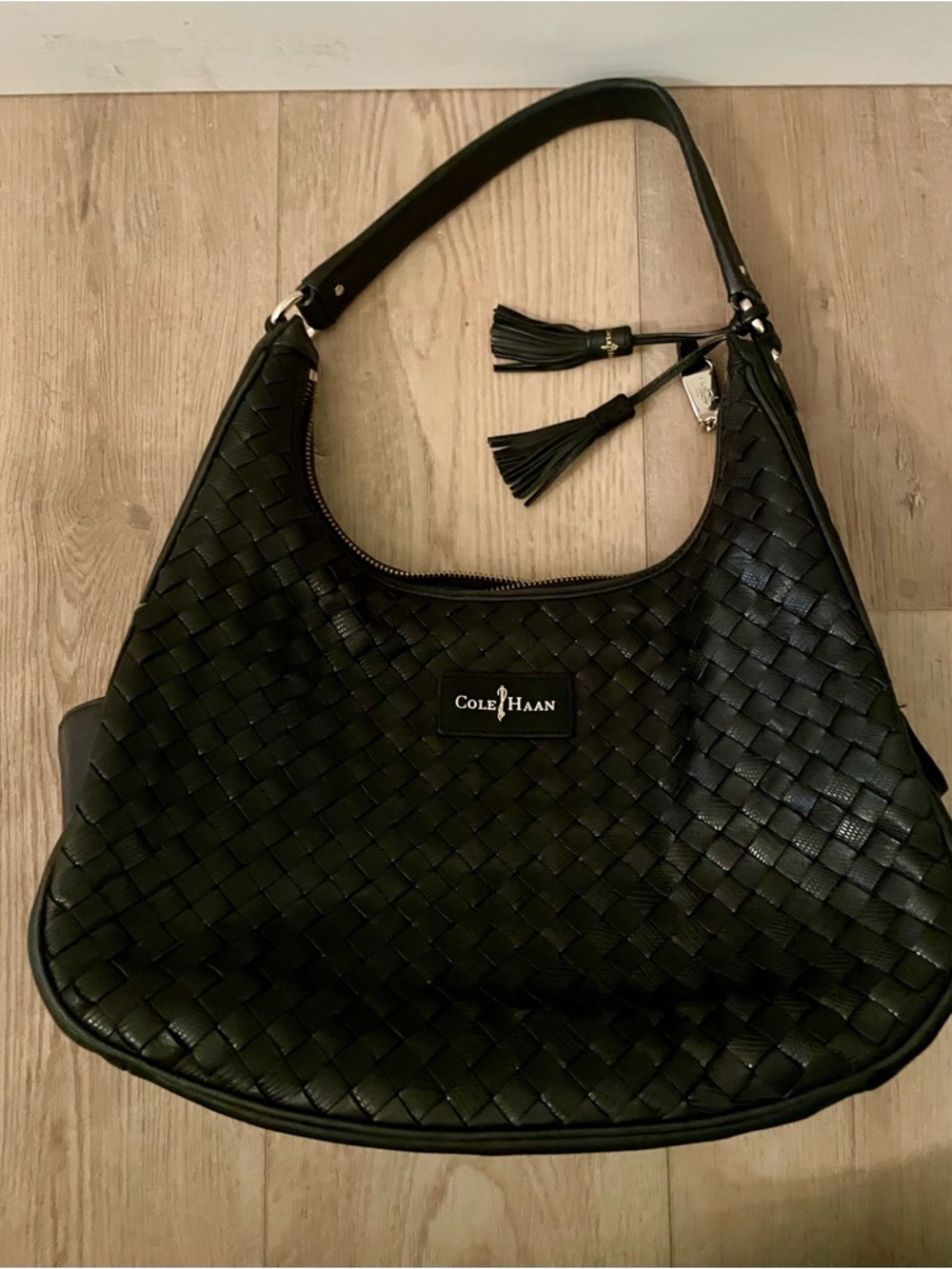Cole Haan Black Woven Leather Shoulder Hobo with Tassels